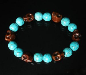Wholesale 12pcs Turquoise Brown Skull Beads Baby Blue Veins Ball Beads Stretch Bracelet ZZ280