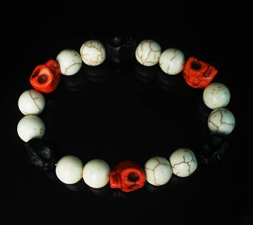 Wholesale 12pcs Turquoise Black Red Skull Beads White Veins Ball Beads Stretch Bracelet ZZ283