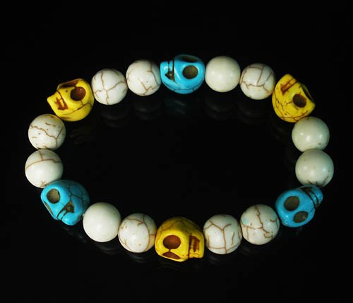 Wholesale 12pcs Turquoise Baby Blue Yellow Skull White Veins Beads Stretch Bracelet ZZ284