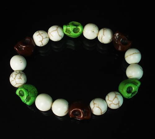 Wholesale 12pcs Turquoise Brown Green Skull Beads White Veins Ball Beads Stretch Bracelet ZZ286