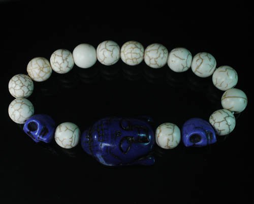 Wholesale 12pcs Turquoise Dark Blue Buddha Skull White Veins Beads Stretch Bracelet ZZ2231