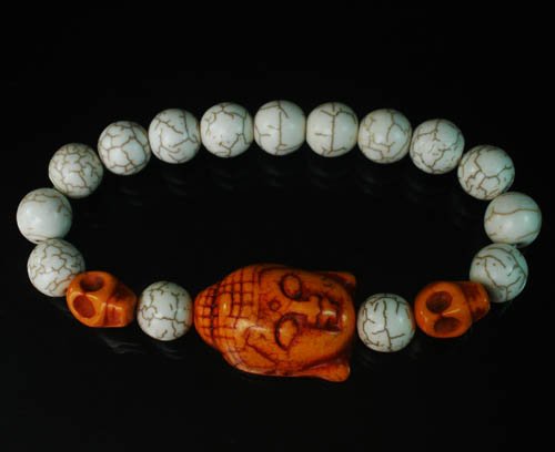 Wholesale 12pcs Turquoise Orange Buddha Skull White Veins Beads Stretch Bracelet ZZ2236