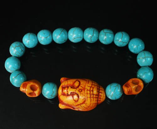 Wholesale 12pcs Turquoise Orange Buddha Skull Blue Veins Beads Stretch Bracelet ZZ2241