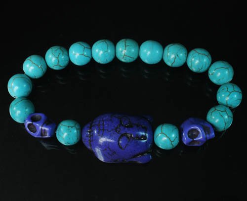 Wholesale 12pcs Turquoise Dark blue Buddha Skull Blue Veins Beads Stretch Bracelet ZZ2242