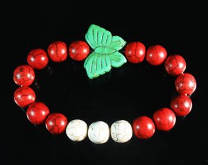 Wholesale 12pcs Turquoise Green Butterfly Red White Veins Beads Stretch Bracelet ZZ2441