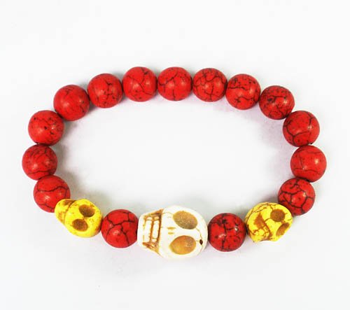 Wholesale 12pcs Turquoise White Yellow Skull Bead Red Veins Ball Beads Stretch Bracelet ZZ2467
