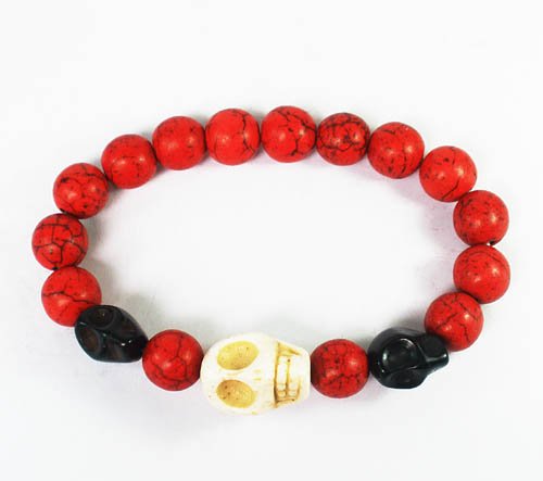Wholesale 12pcs Turquoise White Black Skull Bead Red Veins Ball Beads Stretch Bracelet ZZ2473