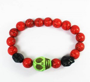 Wholesale 12pcs Turquoise Green Black Skull Bead Red Veins Ball Beads Stretch Bracelet ZZ2487