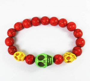 Wholesale 12pcs Turquoise Green Yellow Skull Bead Red Veins Ball Beads Stretch Bracelet ZZ2489