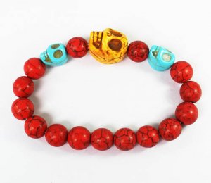 Wholesale 12pcs Turquoise Yellow Baby blue Skull Bead Red Veins Ball Beads Stretch Bracelet ZZ2495