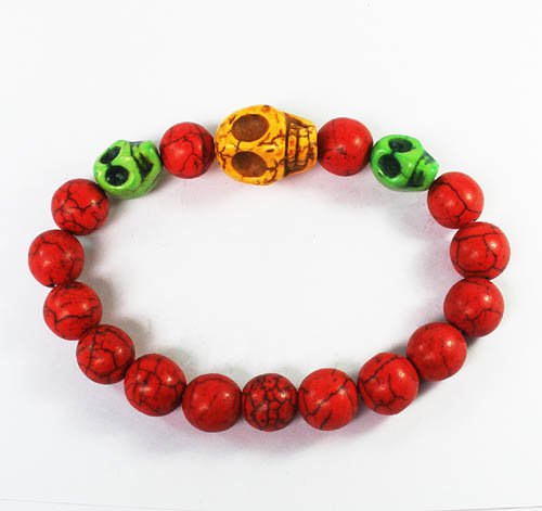 Wholesale 12pcs Turquoise Yellow Green Skull Bead Red Veins Ball Beads Stretch Bracelet ZZ2500