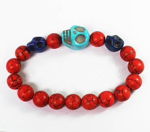 Wholesale 12pcs Turquoise Blue Skull Bead Red Veins Ball Beads Stretch Bracelet ZZ2503