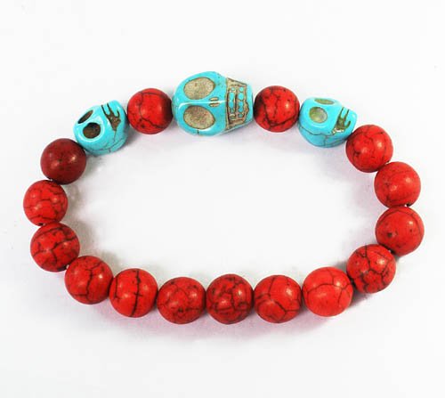 Wholesale 12pcs Turquoise Baby Blue Skull Bead Red Veins Ball Beads Stretch Bracelet ZZ2509