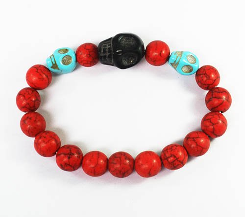 Wholesale 12pcs Turquoise Baby Blue Black Skull Bead Red Veins Ball Beads Stretch Bracelet ZZ2512