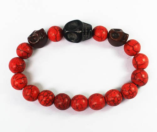 Wholesale 12pcs Turquoise Brown Black Skull Bead Red Veins Ball Beads Stretch Bracelet ZZ2513
