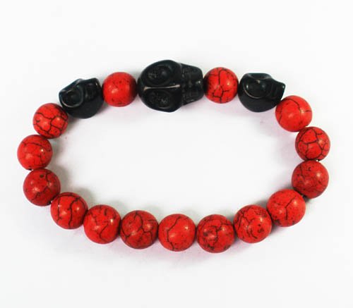 Wholesale 12pcs Turquoise Black Skull Bead Red Veins Ball Beads Stretch Bracelet ZZ2515