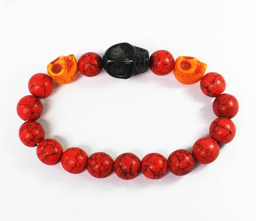 Wholesale 12pcs Turquoise Black Orange Skull Bead Red Veins Ball Beads Stretch Bracelet ZZ2520