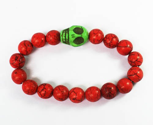 Wholesale 12pcs Turquoise Green Skull Bead Red Veins Ball Beads Stretch Bracelet ZZ2522