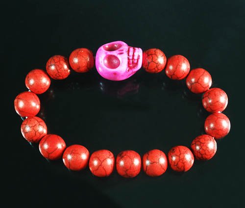 Wholesale 12pcs Turquoise Hot Pink Skull Bead Red Veins Ball Beads Stretch Bracelet ZZ2524