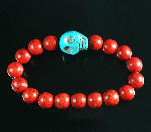 Wholesale 12pcs Turquoise Baby Blue Skull Bead Red Veins Ball Beads Stretch Bracelet ZZ2525