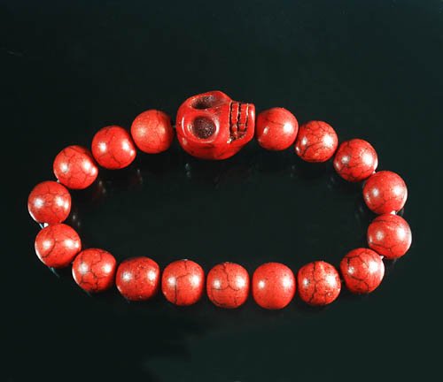 Wholesale 12pcs Turquoise Red Skull Bead Red Veins Ball Beads Stretch Bracelet ZZ2528