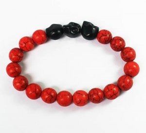 Wholesale 12pcs Turquoise Black Skull Bead Red Veins Ball Beads Stretch Bracelet ZZ2529