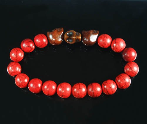 Wholesale 12pcs Turquoise Brown Skull Bead Red Veins Ball Beads Stretch Bracelet ZZ2534