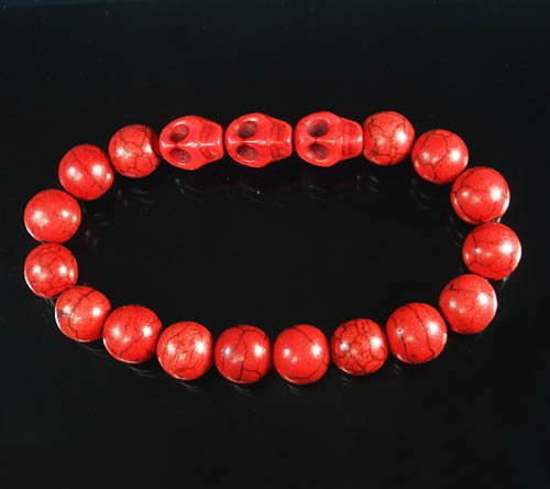 Wholesale 12pcs Turquoise Red Skull Bead Red Veins Ball Beads Stretch Bracelet ZZ2536