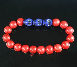 Wholesale 12pcs Turquoise Blue Skull Bead Red Veins Ball Beads Stretch Bracelet ZZ2537