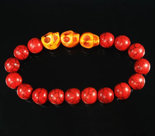 Wholesale 12pcs Turquoise Orange Skull Bead Red Veins Ball Beads Stretch Bracelet ZZ2538