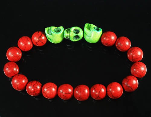 Wholesale 12pcs Turquoise Green Skull Bead Red Veins Ball Beads Stretch Bracelet ZZ2539