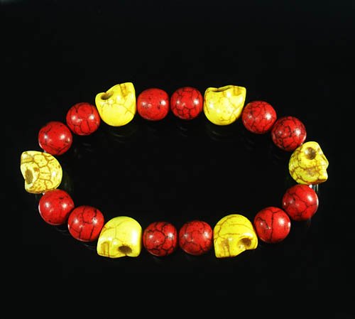 Wholesale 12pcs Turquoise Yellow Skull Bead Red Veins Ball Beads Stretch Bracelet ZZ2540