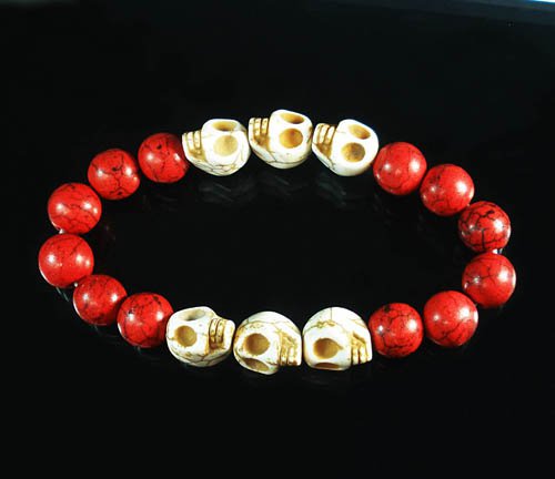 Wholesale 12pcs Turquoise White Skull Bead Red Veins Ball Beads Stretch Bracelet ZZ2561