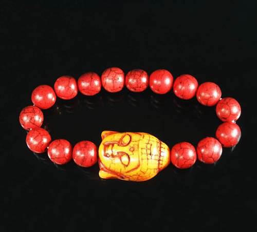 Wholesale 12pcs Turquoise Orange Buddha Bead Red Veins Ball Beads Stretch Bracelet ZZ2580