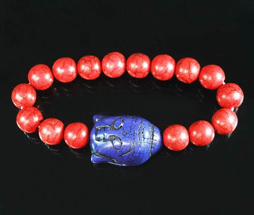 Wholesale 12pcs Turquoise Blue-Purple Buddha Bead Red Veins Ball Beads Stretch Bracelet ZZ2583