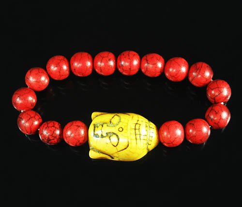 Wholesale 12pcs Turquoise Yellow Buddha Bead Red Veins Ball Beads Stretch Bracelet ZZ2585