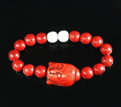 Wholesale 12pcs Turquoise Red Buddha Bead Red White Veins Ball Beads Stretch Bracelet ZZ2590