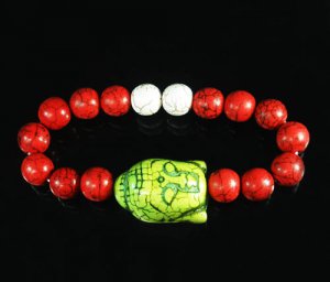 Wholesale 12pcs Turquoise Green Buddha Bead Red White Veins Ball Beads Stretch Bracelet ZZ2593