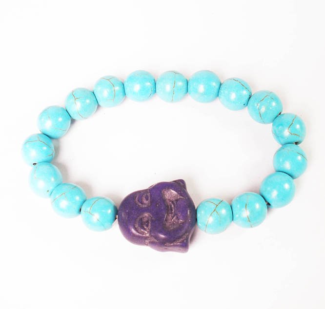 Turquoise Dark Blue-Purple Smile Buddha Baby Blue Veins Beads Prayer Mala Stretch Bracelet ZZ2625