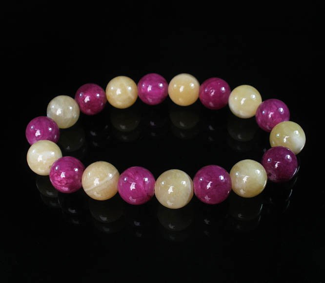 Women 7inch Polished Tibet & Nepal Stone Purple Light Yellow Beads Bracelet WZ2032-10M