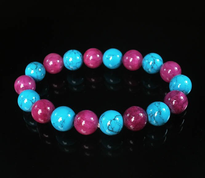 Women 7inch Polished Tibet & Nepal Stone Purple Baby Blue Veins Beads Bracelet WZ2033-10M