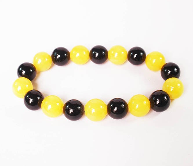 Women 7inch Polished Tibet & Nepal Stone Black Yellow Beads Bracelet WZ2052-10M
