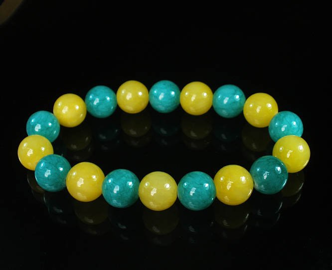 Women 7inch Polished Tibet & Nepal Stone Green Yellow Beads Bracelet WZ2053-10M