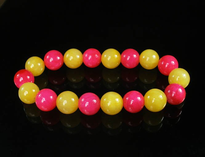 Women 7inch Polished Tibet & Nepal Stone Hot Pink Yellow Beads Bracelet WZ2054-10M