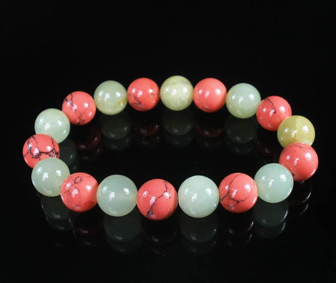 Women 7inch Polished Tibet & Nepal Stone Light Green Pink Vein Beads Bracelet WZ2063-10M