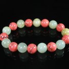 Women 7inch Polished Tibet & Nepal Stone Light Green Pink Vein Beads Bracelet WZ2063-10M
