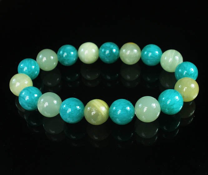 Women 7inch Polished Tibet & Nepal Stone Light Green Green Beads Bracelet WZ2069-10M