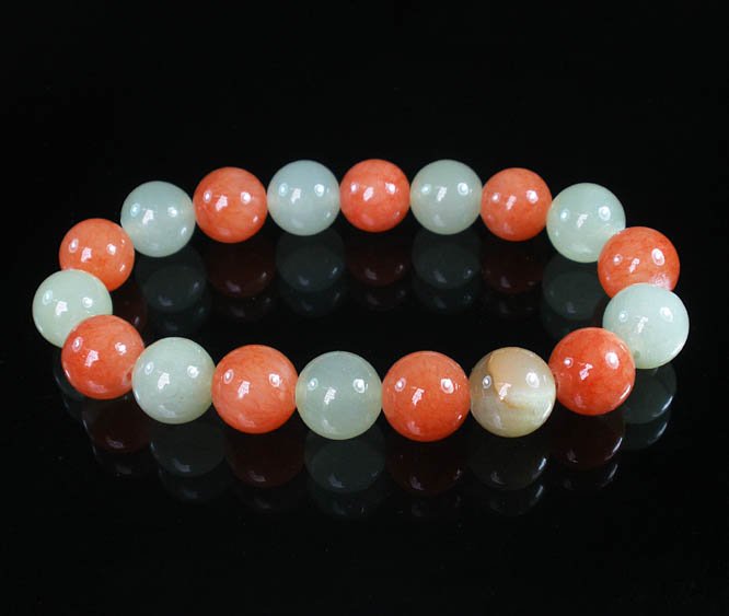 Women 7inch Polished Tibet & Nepal Stone Light Green Red-Orange Beads Bracelet WZ2070-10M