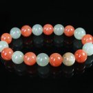 Women 7inch Polished Tibet & Nepal Stone Light Green Red-Orange Beads Bracelet WZ2070-10M