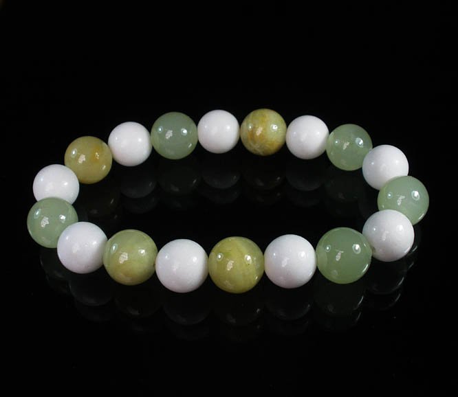 Women 7inch Polished Tibet & Nepal Stone Light Green White Beads Bracelet WZ2072-10M
